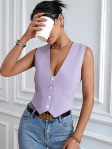 SHEIN Privé 前紐扣短款馬甲 - 淡紫色 - 查看 4