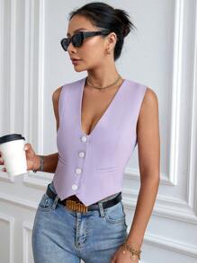 SHEIN Privé 前紐扣短款馬甲 - 淡紫色 - 查看 5