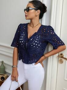 SHEIN Privé 鏤空貝殼邊泡泡袖襯衫 - 藏蓝色 - 查看 5