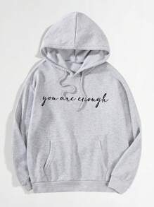 SHEIN EZwear 加大码标语图案袋鼠口袋抽绳保暖卫衣 - 淺灰色 - 查看 2