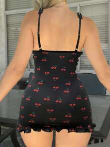 PetitDoll 樱桃印花荷叶边褶饰紧身胸衣性感内衣连衣裙（配丁字裤） - 黑色 - 查看 2