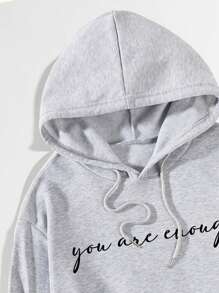 SHEIN EZwear 加大码标语图案袋鼠口袋抽绳保暖卫衣 - 淺灰色 - 查看 3