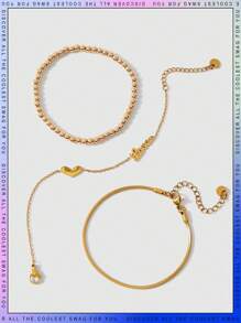 3pcs Kids Heart & Letter Decor Fashion Bracelet For Daily Decoration - Yellow Gold - View 1