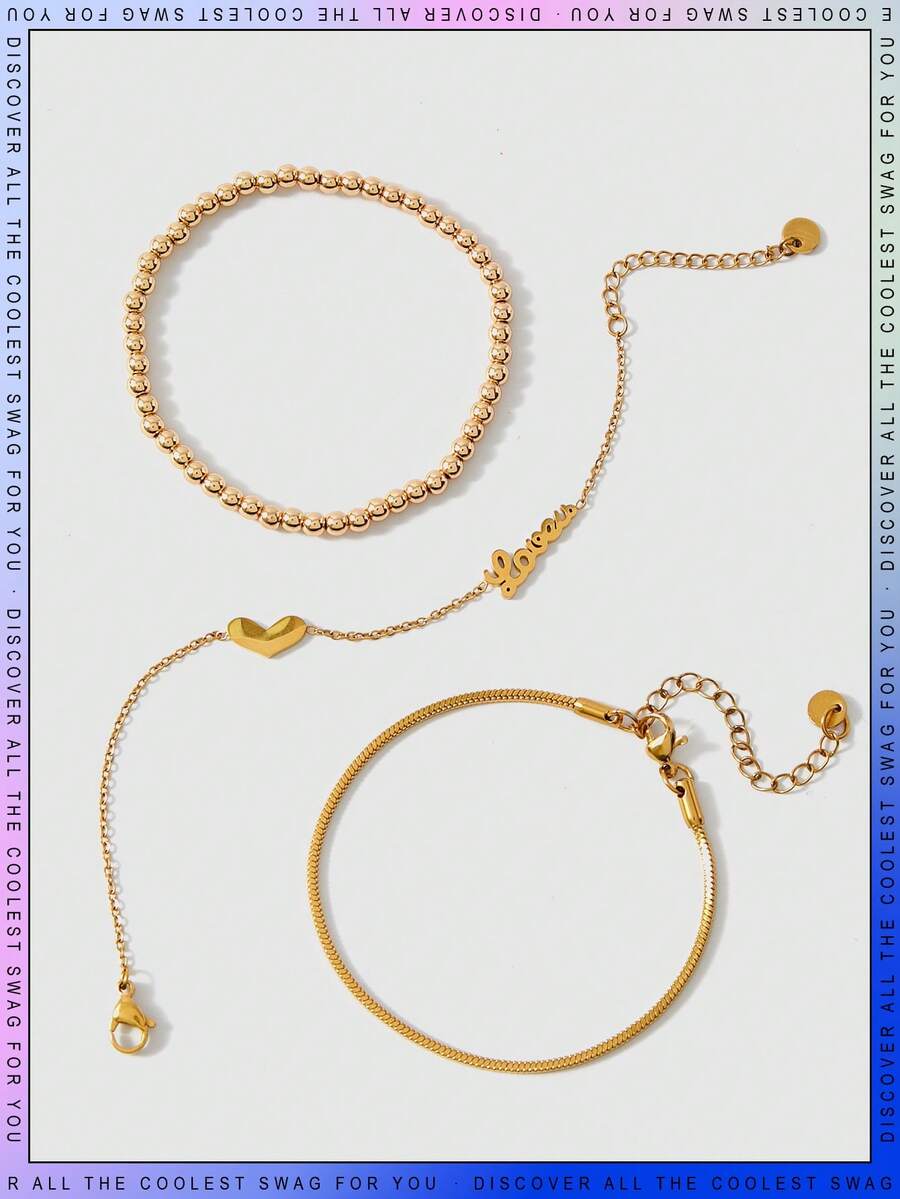 3pcs Kids Heart & Letter Decor Fashion Bracelet For Daily Decoration - Yellow Gold - View 1