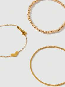 3pcs Kids Heart & Letter Decor Fashion Bracelet For Daily Decoration - Yellow Gold - View 4