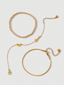 3pcs Kids Heart & Letter Decor Fashion Bracelet For Daily Decoration - Yellow Gold - View 8