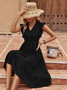 EMERY ROSE Váy tay lửng cạp rút dây màu trơn đơn giản cho kỳ nghỉ - màu đen - Xem 1