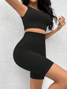 Yoga Basic 素色條紋針織運動套裝 - 黑色 - 查看 4