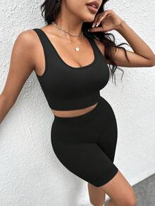 Yoga Basic 素色條紋針織運動套裝 - 黑色 - 查看 5