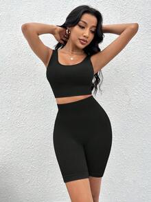 Yoga Basic 素色條紋針織運動套裝 - 黑色 - 查看 6