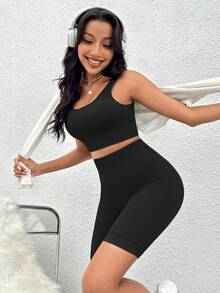 Yoga Basic 素色條紋針織運動套裝 - 黑色 - 查看 7