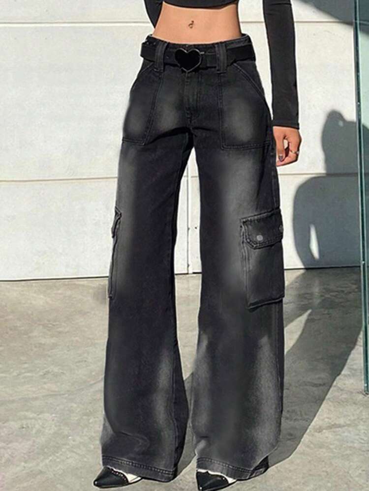 Quần jeans ống rộng có túi nắp bên hông (không kèm thắt lưng) - màu đen - Xem 1