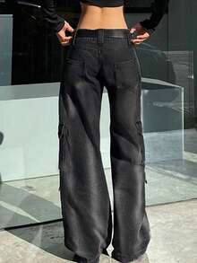 Quần jeans ống rộng có túi nắp bên hông (không kèm thắt lưng) - màu đen - Xem 2