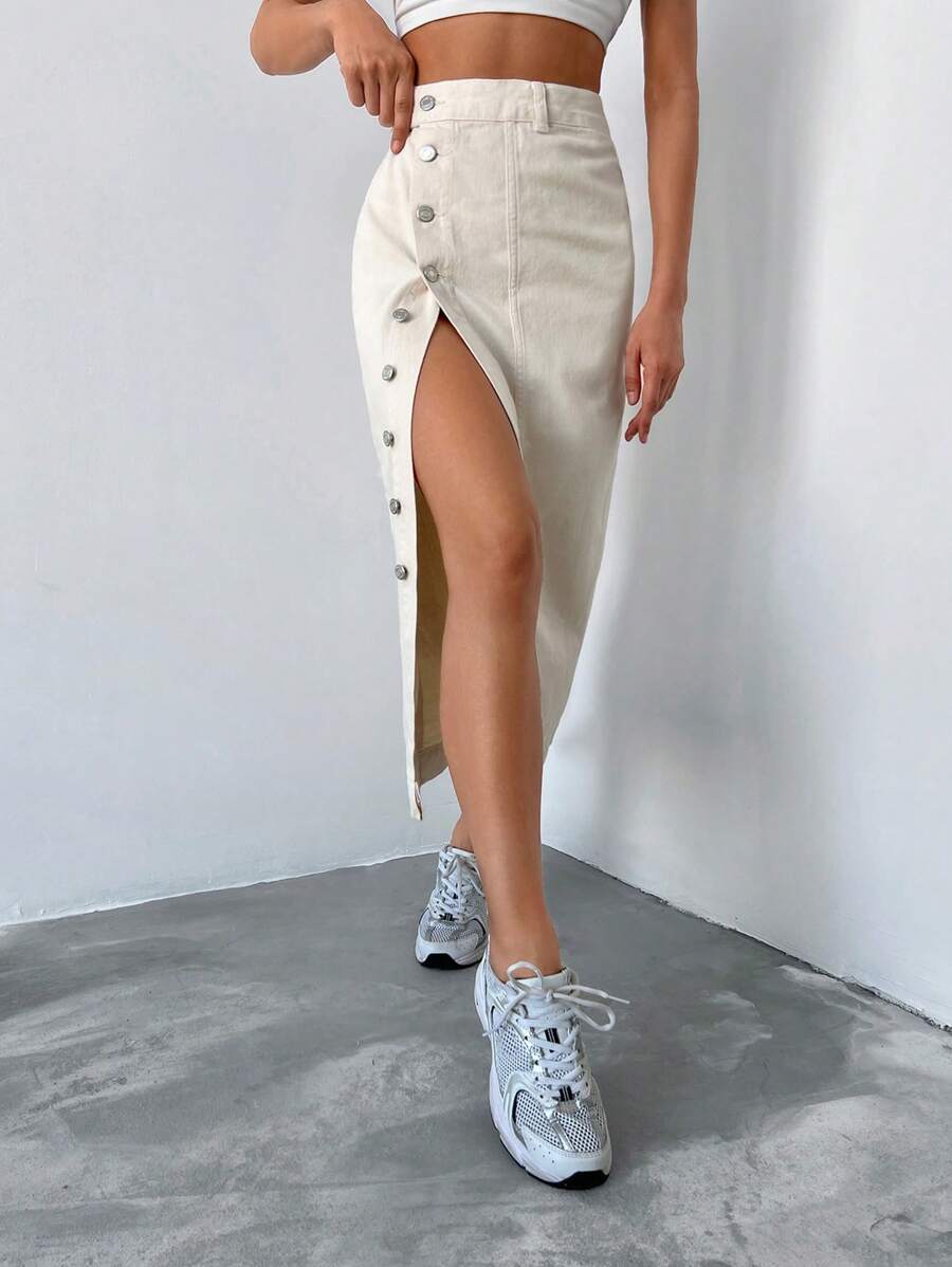 RueChic Button Front Denim Skirt - Apricot - View 1