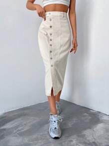 RueChic Button Front Denim Skirt - Apricot - View 3