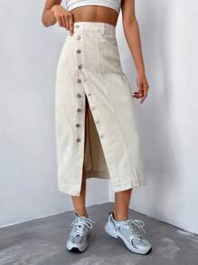 RueChic Button Front Denim Skirt - Apricot - View 5