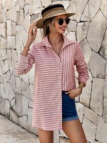 EURMUSE 條紋印花前紐扣襯衫 - 粉色 - 查看 4