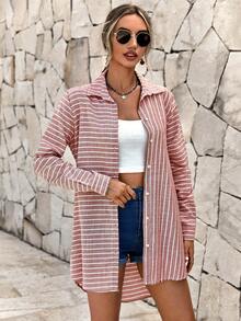 EURMUSE 條紋印花前紐扣襯衫 - 粉色 - 查看 6