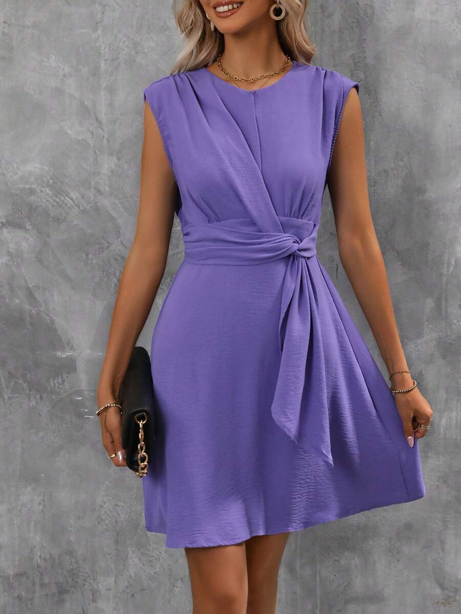 SHEIN Clasi Solid Tie Front A-line Dress - Purple - View 1