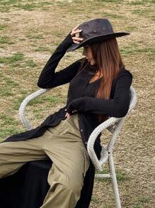 DAZY Solid Button Front Long Tee,Back To School Clothes Long Sleeve Women Tops - Black - View 4