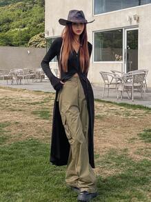 DAZY Solid Button Front Long Tee,Back To School Clothes Long Sleeve Women Tops - Black - View 5