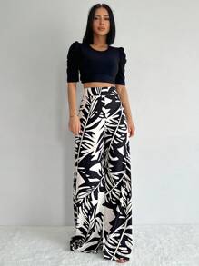 RueChic Solid Crop Tee & Tropical Print Wide Leg Trousers - Black - View 3