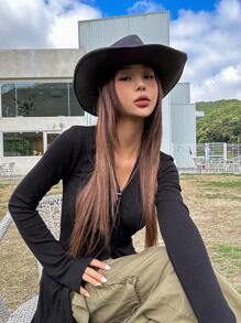 DAZY Solid Button Front Long Tee,Back To School Clothes Long Sleeve Women Tops - Black - View 9