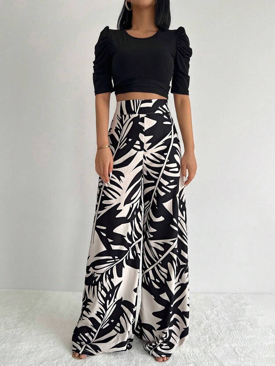 RueChic Solid Crop Tee & Tropical Print Wide Leg Trousers - Black - View 1