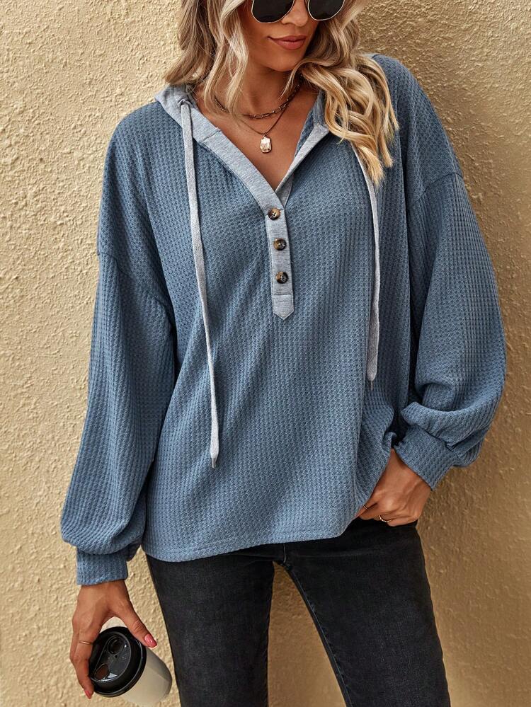 하프 단추 드롭 숄더 스트링 후디 와플 위빙 스웨트셔츠