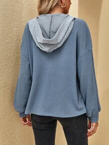 SHEIN LUNE Half Button Drop Shoulder Drawstring Hooded Waffle Knit Sweatshirt - Dusty Blue - View 2
