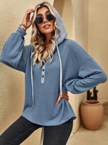 SHEIN LUNE Half Button Drop Shoulder Drawstring Hooded Waffle Knit Sweatshirt - Dusty Blue - View 3