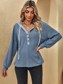 SHEIN LUNE Half Button Drop Shoulder Drawstring Hooded Waffle Knit Sweatshirt - Dusty Blue - View 4