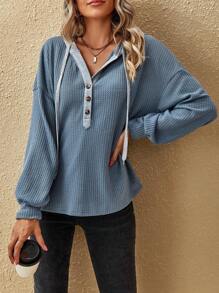SHEIN LUNE Half Button Drop Shoulder Drawstring Hooded Waffle Knit Sweatshirt - Dusty Blue - View 6