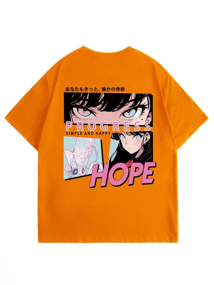 男士人物和字母圖案T恤 - 橘色 - 查看 1