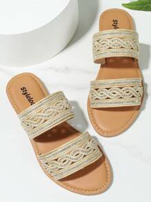 Styleloop Minimalist Woven Design Slippers, Perfect For Vacation Wear - Camel - View 2
