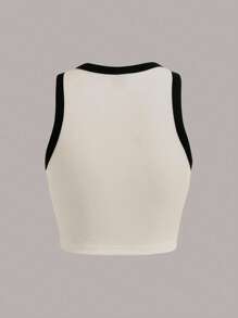 SHEIN EZwear 加上夏季蝴蝶和口号图形对比绑定背心，梦想隧道每一天都是宝藏总是心情愉快 - 米色 - 查看 2