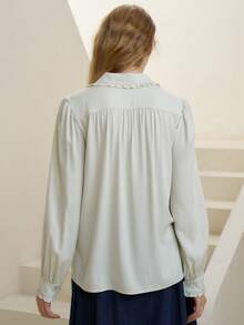 Simple Retro Thêu hoa Cổ bẻ Ống tay áo Áo sơ mi - màu xanh lá - Xem 3