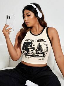 SHEIN EZwear 加上夏季蝴蝶和口号图形对比绑定背心，梦想隧道每一天都是宝藏总是心情愉快 - 米色 - 查看 3