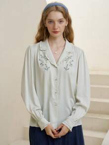Simple Retro Thêu hoa Cổ bẻ Ống tay áo Áo sơ mi - màu xanh lá - Xem 5