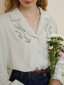 Simple Retro Thêu hoa Cổ bẻ Ống tay áo Áo sơ mi - màu xanh lá - Xem 6