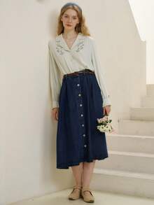 Simple Retro Thêu hoa Cổ bẻ Ống tay áo Áo sơ mi - màu xanh lá - Xem 7