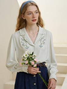 Simple Retro Thêu hoa Cổ bẻ Ống tay áo Áo sơ mi - màu xanh lá - Xem 9