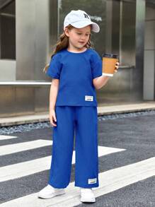 SHEIN Tricou și pantaloni cu detaliu petice cu scrisoare pentru fetiță