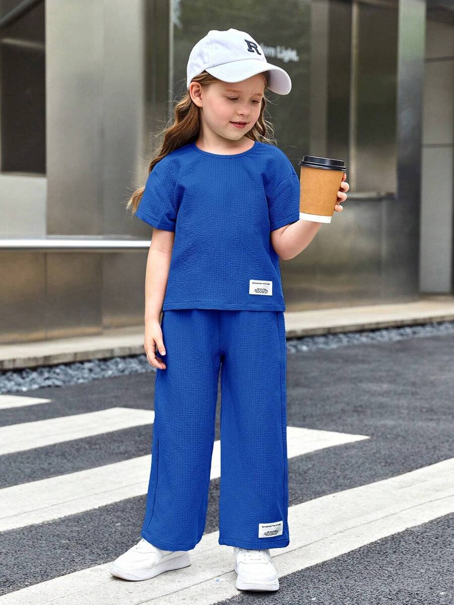 SHEIN Tricou și pantaloni cu detaliu petice cu scrisoare pentru fetiță