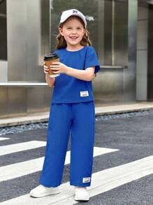 SHEIN Tricou și pantaloni cu detaliu petice cu scrisoare pentru fetiță