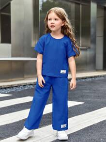 SHEIN Tricou și pantaloni cu detaliu petice cu scrisoare pentru fetiță