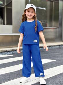 SHEIN Tricou și pantaloni cu detaliu petice cu scrisoare pentru fetiță