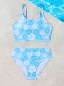 Tween Girl Floral Print Bikini Set Summer Beach - Blue - View 3