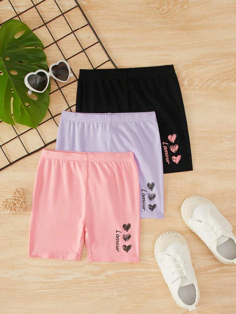 Young Girl 3pcs Heart & Letter Graphic Biker Shorts