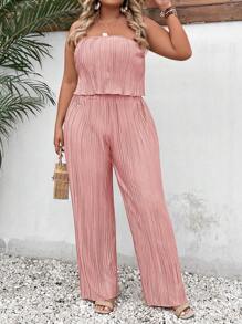 SHEIN Clasi Plus Solid Tube Top & Wide Leg Pants - Coral Pink - View 1